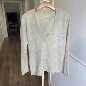 Women Large Grey Cashmere V-Neck Oatmeal Heather Boxy Classic Rolled Hem Soft